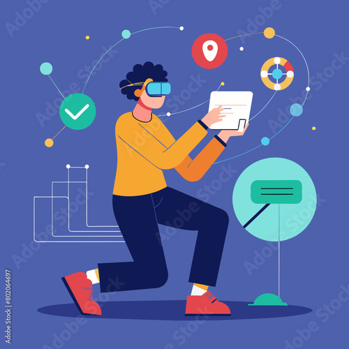Man Studying Virtual Reality Vector Illustration