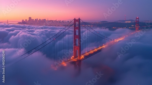 San Francisco USA Golden Gate Bridge shrouded in morning fog