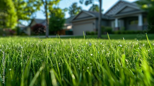 Morning Dew on Fresh Green Grass in a Suburban Neighborhood. Generative ai
