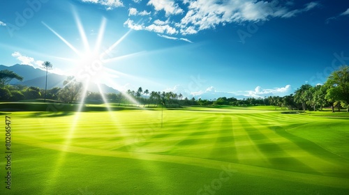 Picturesque Golf Course Under Bright Sunlight. Generative AI. © Yevheniiya