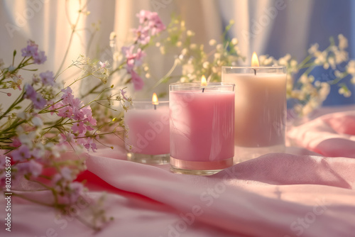 A table with three candles and flowers. The candles are pink and white