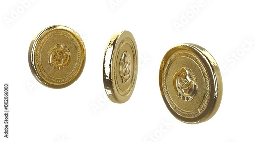 Isolated on white background, 3d render dollar coin in different positions for animation. Set of golden metal money front, side, and back views. Financial, treasure, savings.