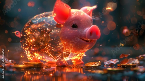 Transparent Piggy Bank Illuminated with Coins and Lights. Generative ai