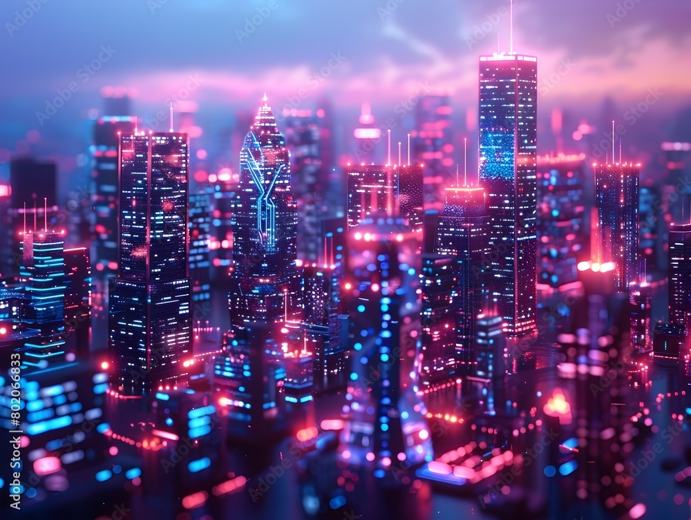 Futuristic Neon-Lit Cityscape with Towering Skyscrapers and Vibrant Technological Illumination
