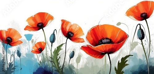 Red poppies on a white background, watercolor illustration Remembrance day concept 