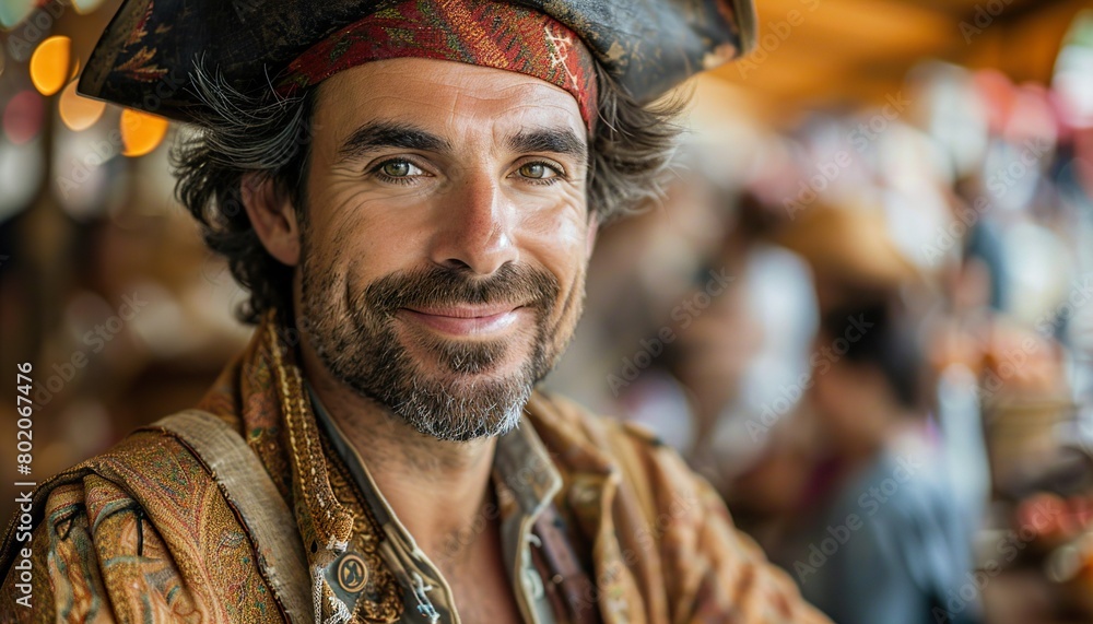 Cheerful man in pirate costume,
