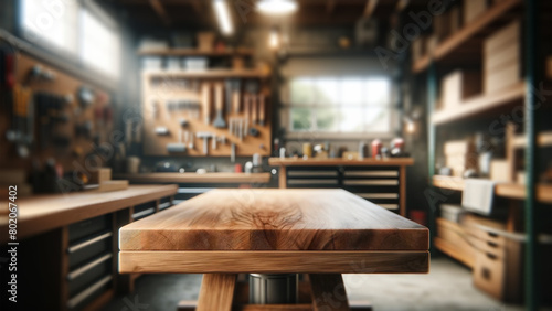 Close-up of a wooden podium in a workshop, detailed view of a walnut workbench, craftsmanship concept photo