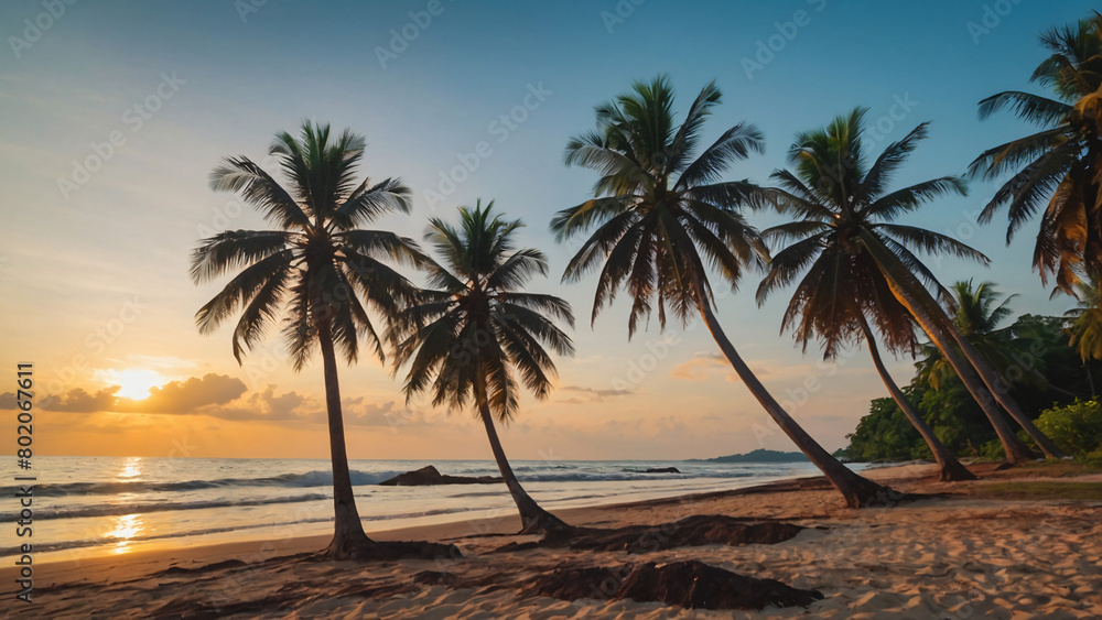 Obraz premium Scenic Tropical Beach and Sea with Coconut Palm Tree at Sunset - Holiday Vacation Concept,Sunset Glow, Coconut Palm, and Serene Sea - Perfect Vacation Getaway. ai generated