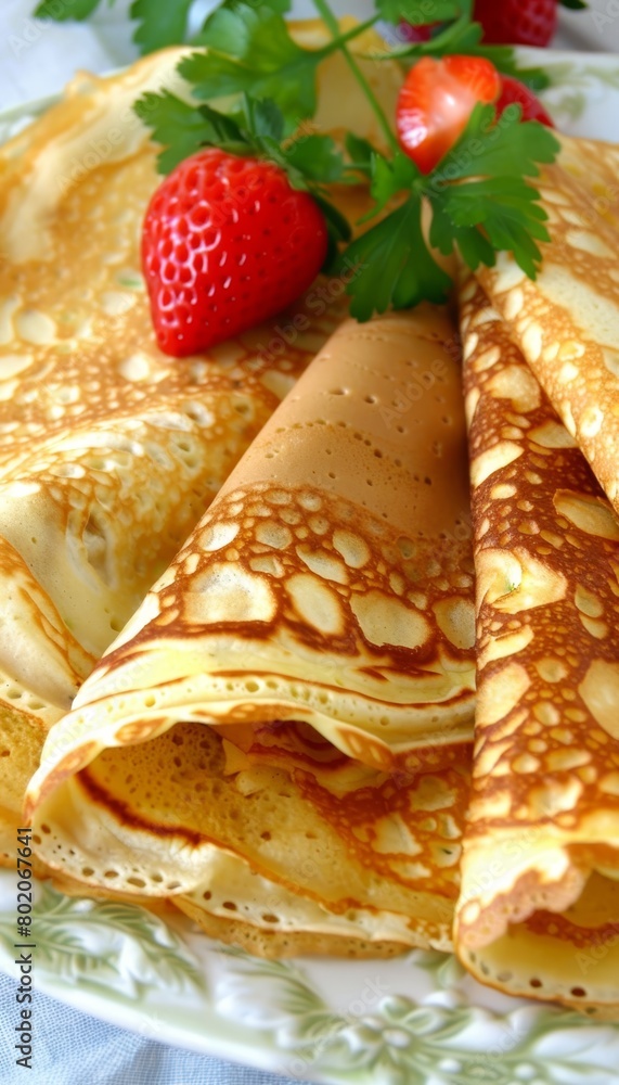 Rolled pancakes on light or gray backdrop, top view with ample space for text placement