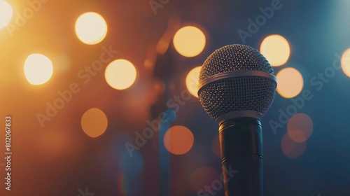 Microphone on Stage with Blurry Background Lights Generative AI