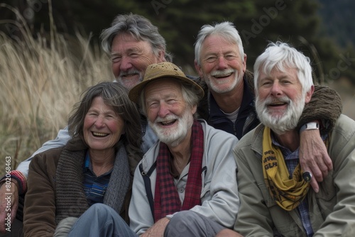 Group of senior friends sitting in a field and laughing at the camera