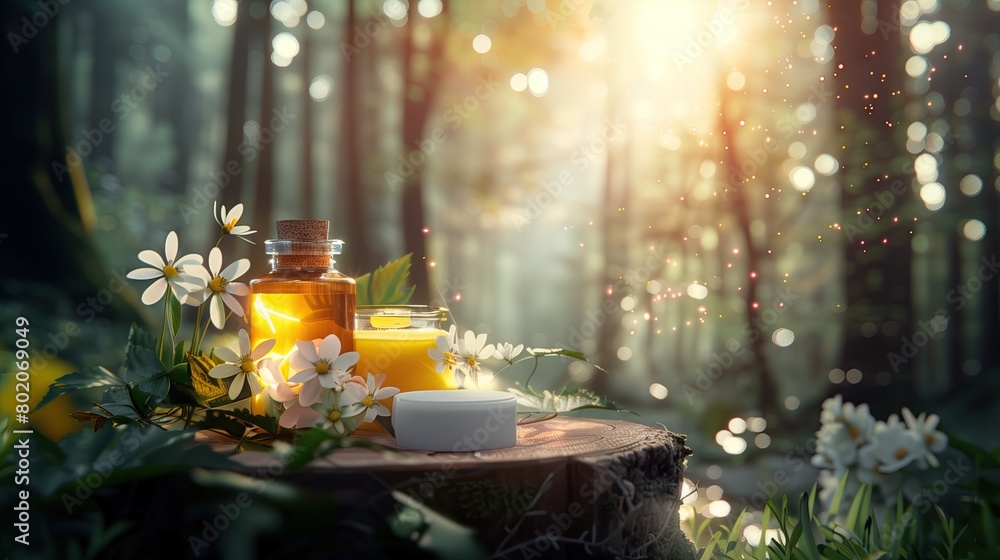 atmosphere of nature Forest art, natural skin care at dusk sunlight shining through the leaves Fireflies in early spring Fireflies stream in the foreground Prepare skin care ingredients