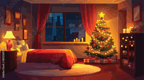 Interior of bedroom with glowing Christmas tree Vector