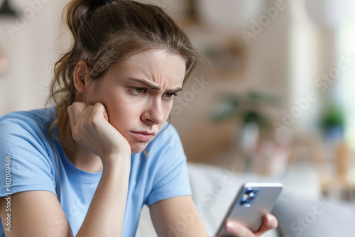 Mujer joven mirando atentamente su teléfono móvil con cara disgustada y enfadada, sosteniendo éstcon una mano y con la otra su cabeza,  sentada en un sofá, sobre fondo desenfocado del salón de su casa photo