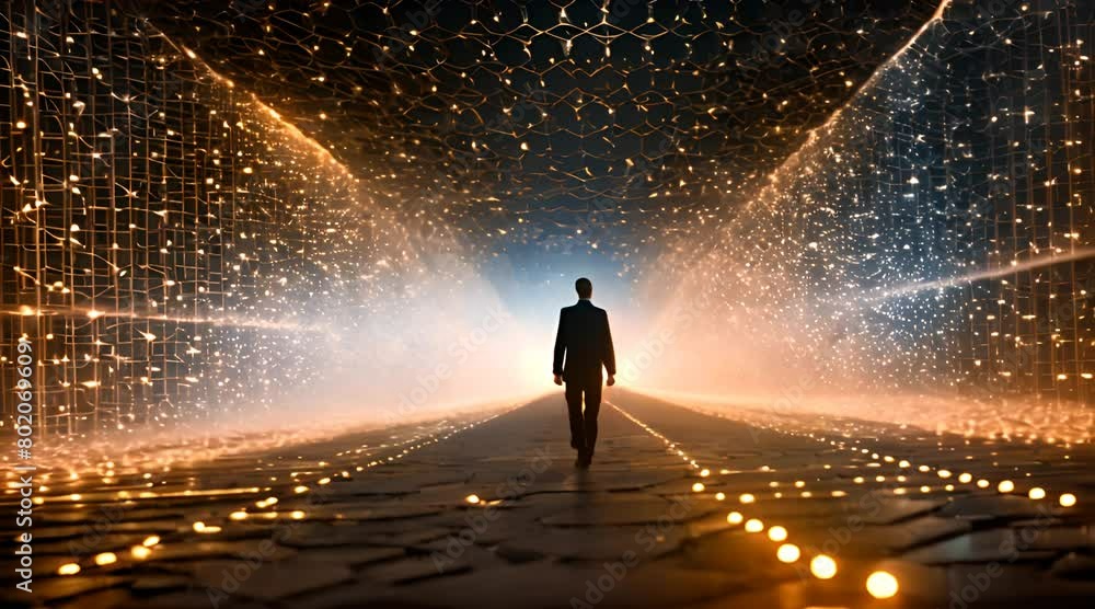 Navigating the Digital Frontier: Businessman Walking on an Artistic Virtual Cyberspace Road.
Navigating the Digital Frontier: Businessman Walking on an Artistic Virtual Cyberspace Road.