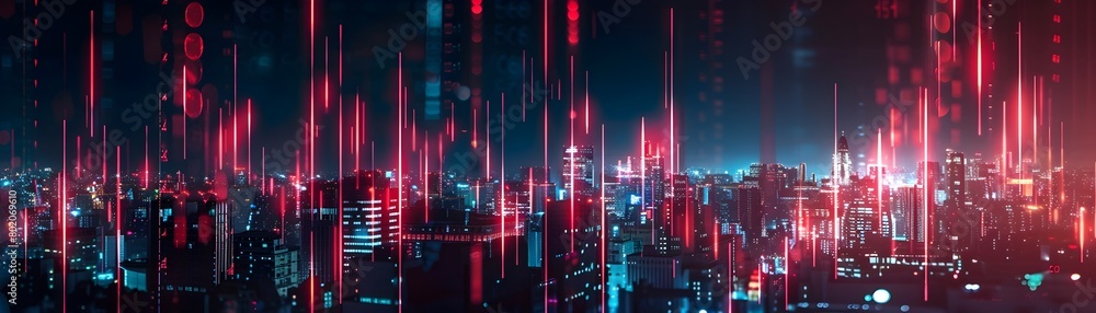 Glowing Cityscape with Digital Financial Data Overlay in Night Sky