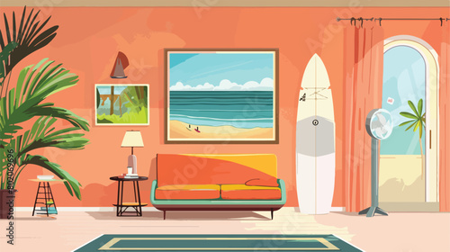 Interior of light living room with surfboard common photo