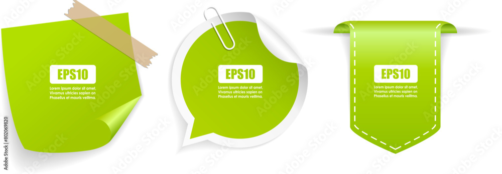 Green vector stickers set, note papers isolated on white