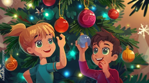 The family decorates the Christmas tree at home. The little brother and sister hang balls and baubles on the branches. Cartoon modern illustration of characters preparing to celebrate the Christmas