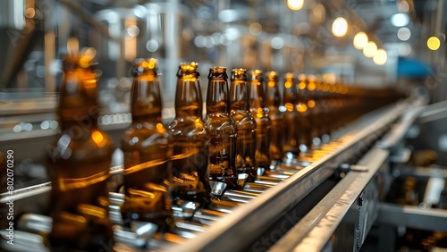 Conveyor belt transporting beer bottles in a brewery. Concept Beer Production, Brewery Operations, Conveyor Systems, Industrial Machinery, Manufacturing Processes