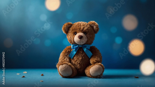 Adorable Brown Teddy Bear Plushie on Vibrant Blue Background.