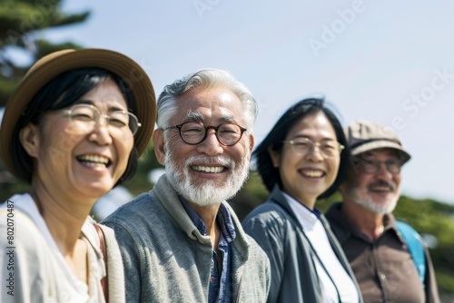 Senior Adult Friends Happiness Friendship Togetherness Concept. Senior Asian and Caucasian people in the park.