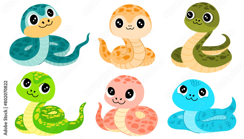 Obraz premium Cute Cartoon Snakes Collection. Happy funny serpent with spots on skin. Colored flat vector illustration isolated on white background