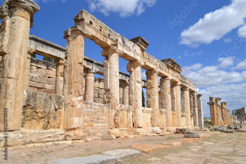 Ruins of an ancient city, stone columns. Tourism. Architecture. Turkey. Pamukkale. Hierapolis photo