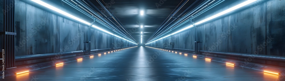 Illuminating Concrete Passageway:A 3D Rendered Futuristic Tunnel Corridor
