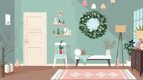 Interior of stylish room with Easter wreath soft ben