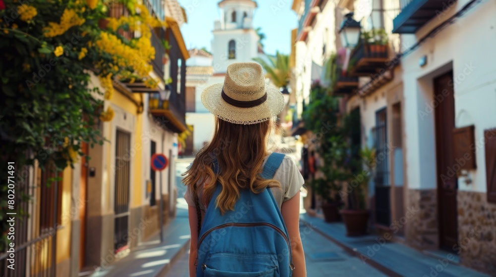 Traveler girl in street of old town in Spain. Young backpacker tourist in solo travel. Vacation, holiday, trip