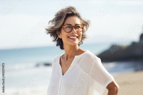 Joyful mature woman in glasses on beach, embodying freedom and happiness, with ocean backdrop.