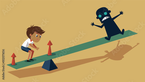 The seesaw suddenly tilts to one side as an exaggerated shadow of a child appears on the other end causing the other children to scream and run away.