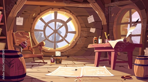 A pirate captain's cabin on a ship. Wooden room interior, a stool, barrel, bottle of rum, treasure chest, spyglass, and window, all with corsair stuff. Cartoon modern illustration of a table with a