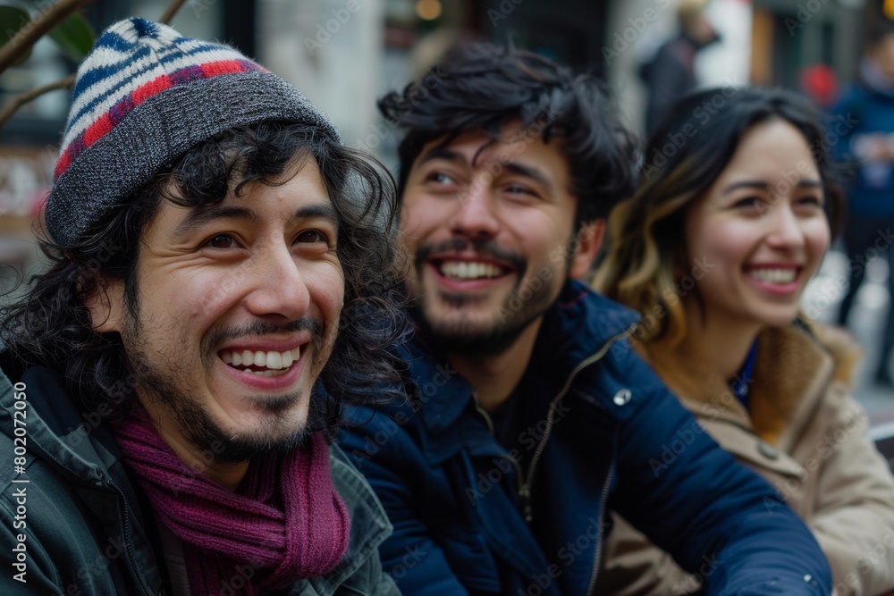 Group of friends having fun in the city. Cheerful young men and women smiling and having fun while walking in the city. Group of friends having fun in the city. Cheerful young men and women smiling and having fun while walking in the city.