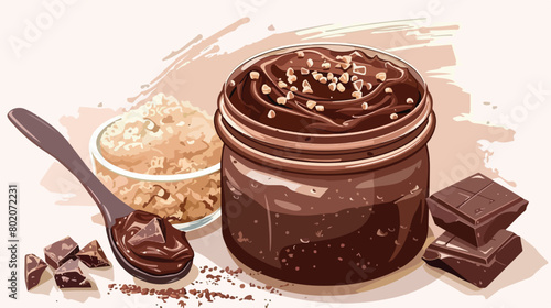 Jar of chocolate body scrub and ingredients on light