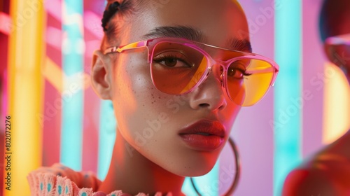 A young woman poses with trendy oversized sunglasses in a vibrant neon-lit setting.