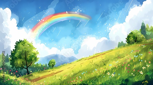 The rainbow appeared in the field illustration poster background
