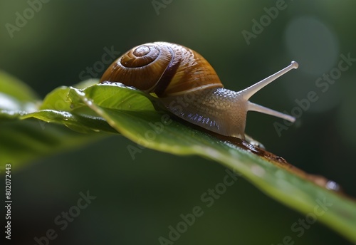 A snail's slimy trail glistens on a leaf as its body glides forward, generative AI