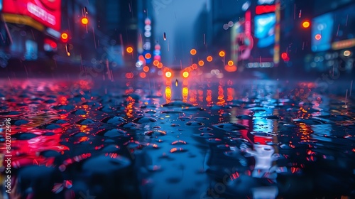 Night photography of the urban landscape, close-up on raindrops reflecting neon lights, city's hidden beauty photo