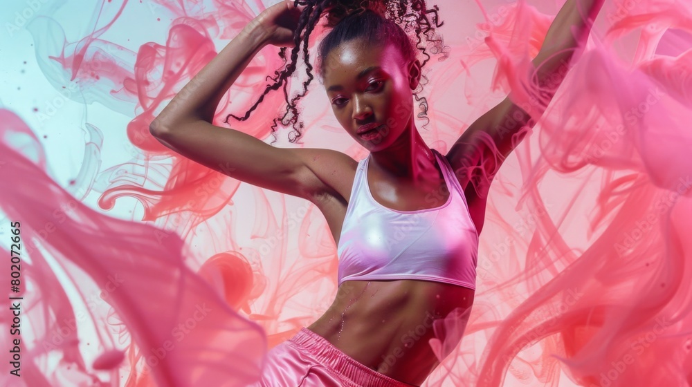 A fit woman poses confidently amidst swirling pink smoke, accentuating her dynamic workout attire. A fit woman poses confidently amidst swirling pink smoke, accentuating her dynamic workout attire.