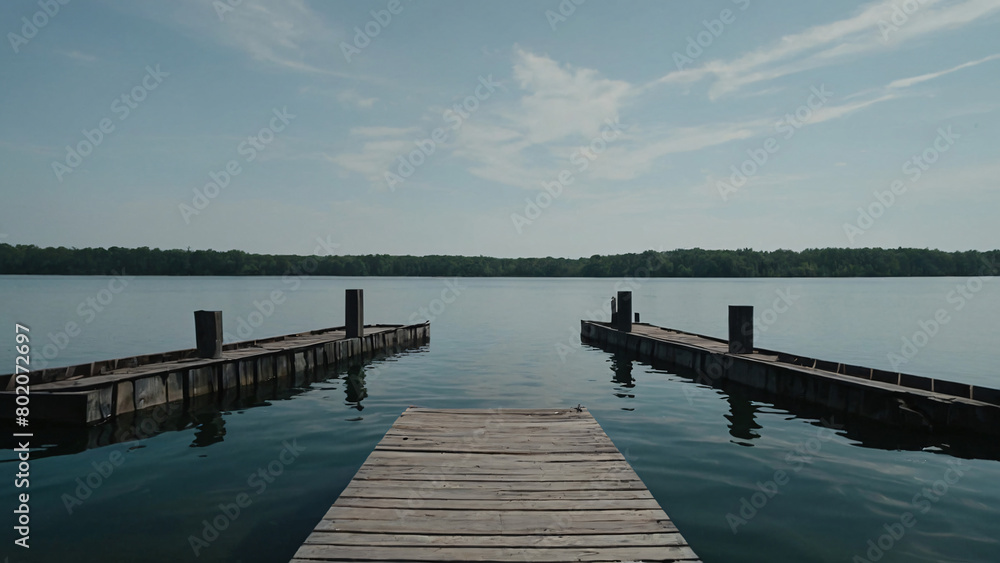 Naklejka premium Dock Amidst Tranquil Waters: A Serene Perspective, ai generated