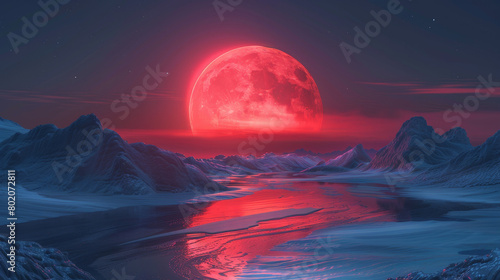 A red moon is in the sky above a frozen river