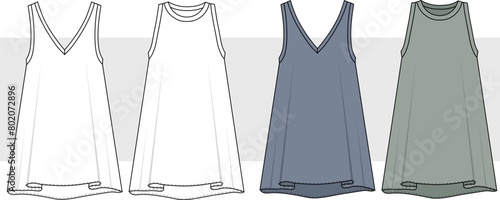 Women's V-Neck - Sleeveless two pieces summer relax dress drawing. Fashion Flat Technical Drawing, design flat sketch fashion Illustration. Two pieces dress sets drawing.