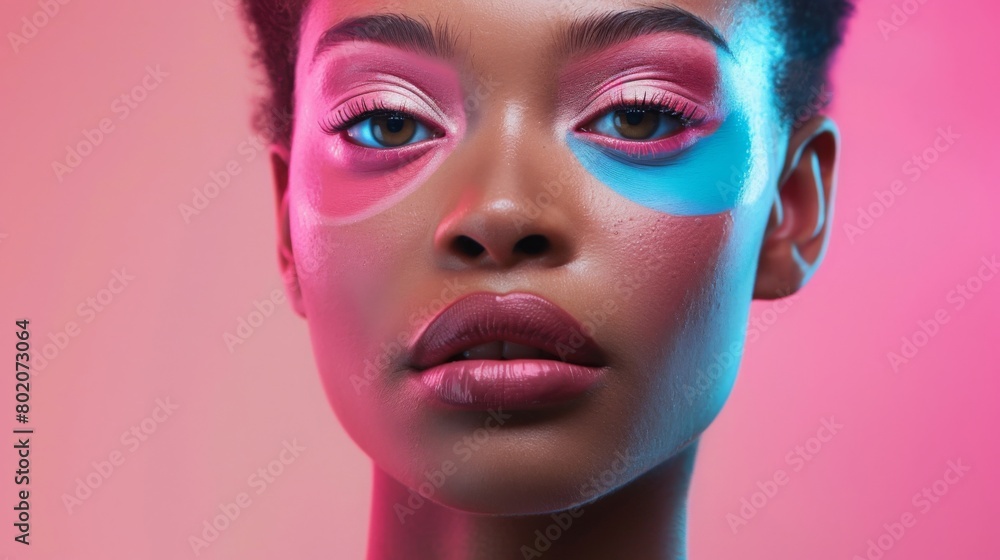 Black woman poses with bold blue and pink eyeshadow, highlighting her expressive eyes and flawless complexion against a pink backdrop. Black woman poses with bold blue and pink eyeshadow, highlighting her expressive eyes and flawless complexion against a pink backdrop.