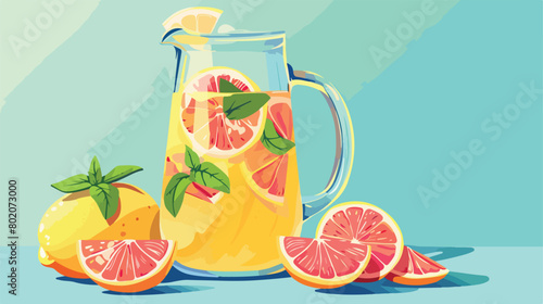 Jug of tasty grapefruit lemonade on color background