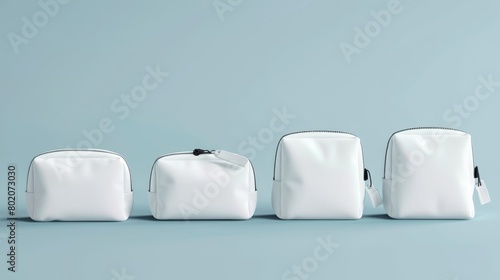 The set of white makeup bags has a zipper for cosmetics and beauty tools. This realistic modern illustration shows a realistic mockup of a pouch made of fabric or leather, shot from the side. photo