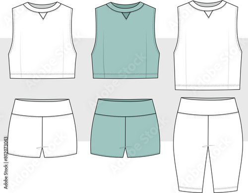 Women Running set with RACER BACK OVERSIZE CROP TANK TOP and tights short Leggings active wear design flat sketch fashion Illustration. Two piece sets drawing.