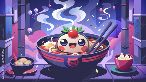 a kawai bowl of  ramen wit face and a chille, made with glass and it seas "emilio" in japanis