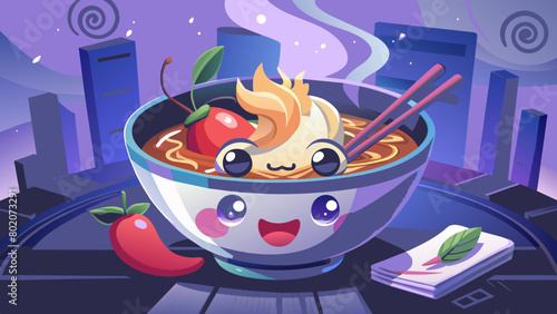 a kawai bowl of  ramen wit face and a chille, made with glass and it seas "emilio" in japanis